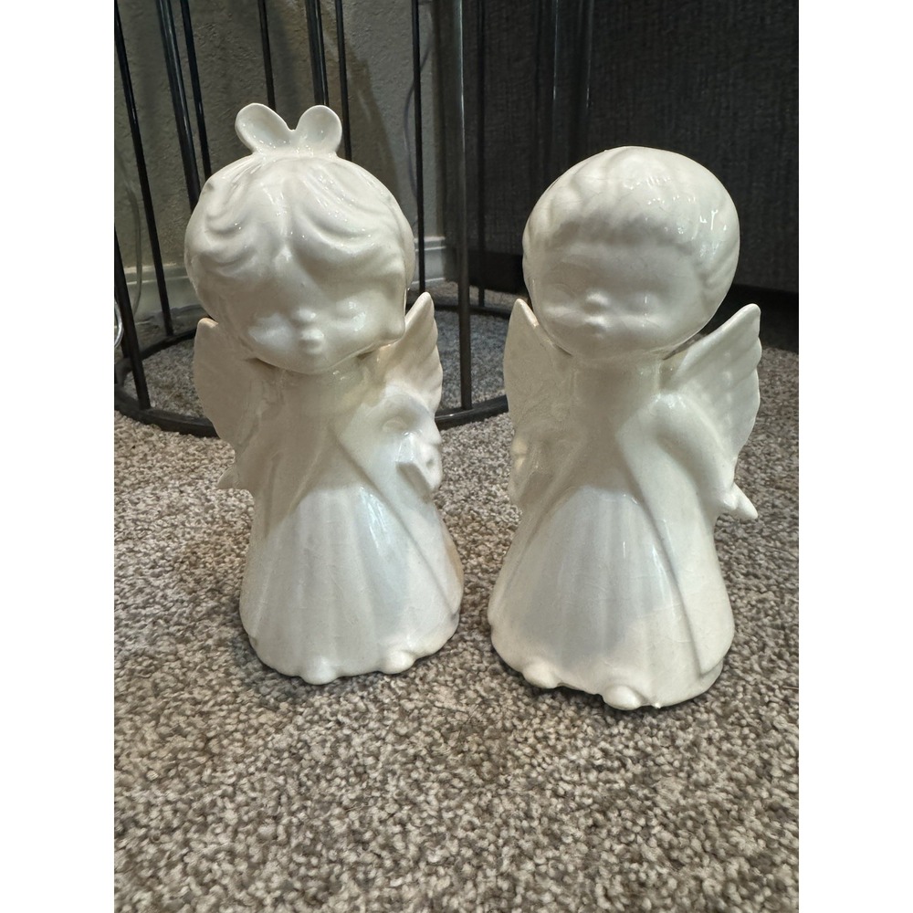 Ceramic Kissing Angels Figurines Boy & Girl Off White Glaze